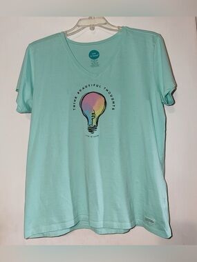 Life Is Good Mint Green V-Neck Tee with Colorful Lightbulb Graphic